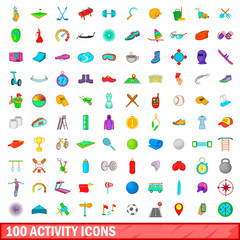 100 activity icons set, cartoon style