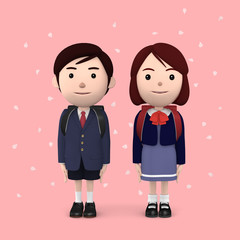 小学生 入学式の男の子と女の子　桜背景ピンク08