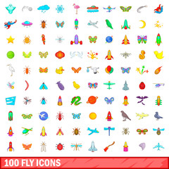 100 fly icons set, cartoon style