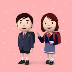 小学生 入学式の男の子と女の子　桜背景ピンク07