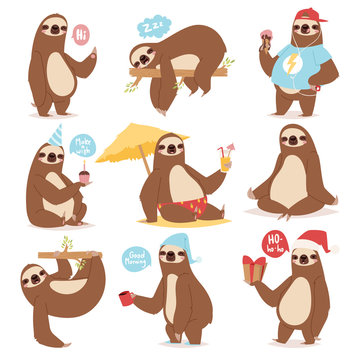 Laziness sloth animal character different pose like human cute lazy cartoon kawaii and slow down wild jungle mammal flat design vector illustration.