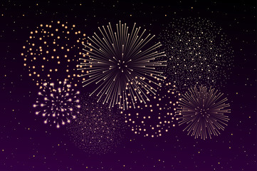 Firework show on night sky background. Independence day concept. Congratulations background. Vector illustration
