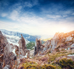 Colorful spring sunset over the mountain ranges in the national 