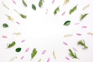 Herbal pattern with petals on white background top view mock up
