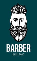 Logo of hipster head with beard. Hand-Drawn Doodle Vector illustration. Logo for barber shop, pub, bar