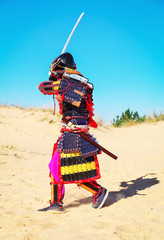 Obraz premium Men in samurai armour with sword running on sand