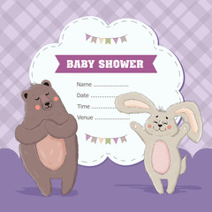 Vector illustration of cute animals in baby shower invitation. EPS 10