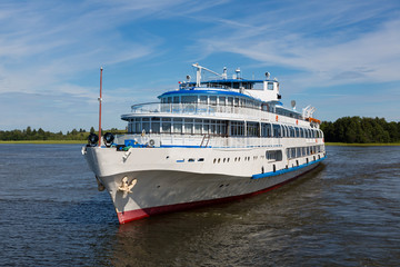 Cruise ship near the island of Kizhi in Lake Onega in Karelia. North of Russia.