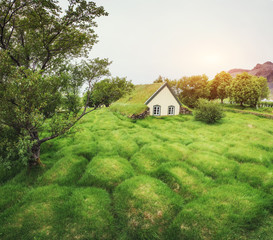 Obraz premium small wooden church and cemetery Hofskirkja Hof