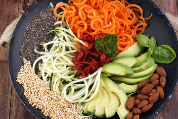 superfood: bowl with zucchini carrot noodles, avocado, goji and chia seeds on wooden background