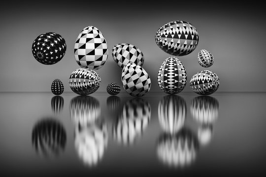 Illustration of a set of Easter eggs with geometric patterns over the reflective surface. Digitally generated image in black and white colors.