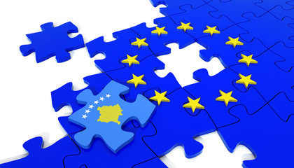 European Union Puzzle and one Puzzle Piece With Kosovo Flag. 3D illustration