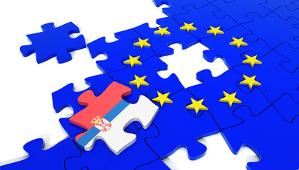 European Union Puzzle and one Puzzle Piece With Serbia Flag. 3D illustration