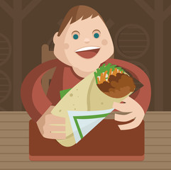fat man eating mexican food giant shawarma burrito