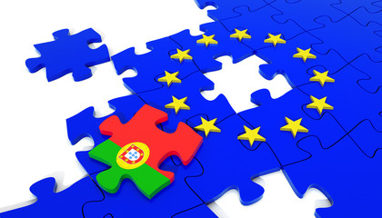 European Union Puzzle and one Puzzle Piece with Portugal Flag. 3D illustration
