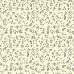 Seamless vector pattern, hand drawn background with branch and leaves. Hand sketch drawing. Doodle style. Series of Hand Drawn Patterns.