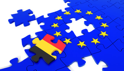 Fototapeta premium European Union Puzzle and one Puzzle Piece with Belgium Flag. 3D illustration