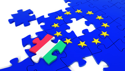 European Union Puzzle and one Puzzle Piece with Hungary Flag. 3D illustration