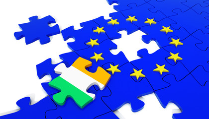European Union Puzzle and one Puzzle Piece with Ireland Flag. 3D illustration