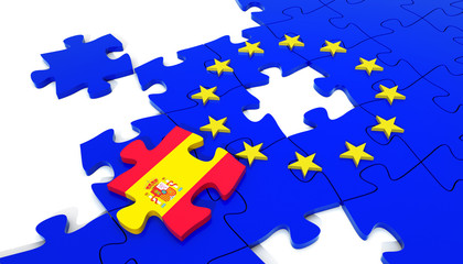 European Union Puzzle and one Puzzle Piece with Spain Flag. 3D illustration