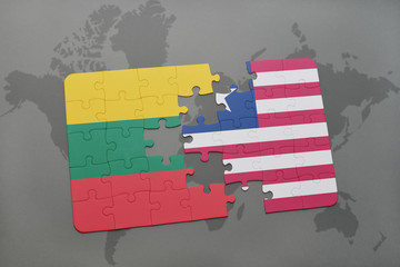 puzzle with the national flag of lithuania and liberia on a world map
