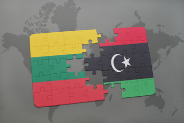 puzzle with the national flag of lithuania and libya on a world map
