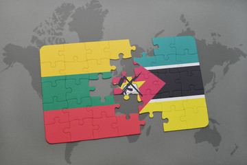 puzzle with the national flag of lithuania and mozambique on a world map