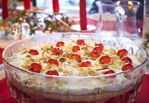 Christmas Trifle With Almonds, Cream And Glace Cherries 