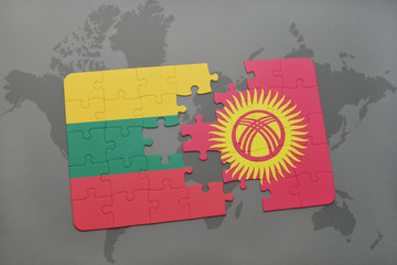 puzzle with the national flag of lithuania and kyrgyzstan on a world map