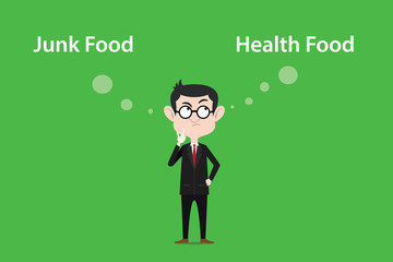 illustration of a man wearing spectacles confuse to make decision between eating junk food or health food