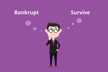 illustration of a man wearing spectacles confuse think about to bankrupt or survive