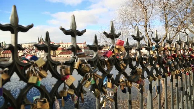 Love locks at bridge  in Prague  PRAGUE, CZECH REPUBLIC - Feb 7, 2017