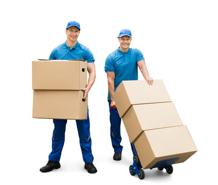 Two Delivery Men With Cardboard Boxes