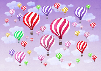 Hot air balloons with clouds on sky background