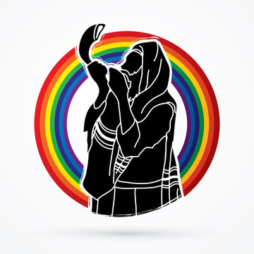 man blowing shofar rainbow background clip art preview