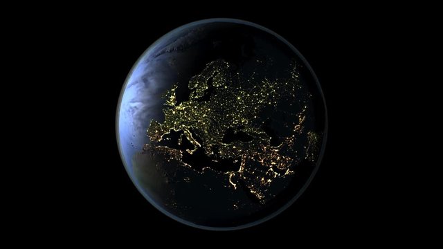 Satellite view of day-night transition above Europe with visible city lights on full planet Earth. Seamless loop
