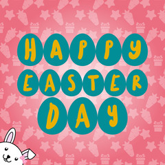 Happy easter day font in blue eggs with cute rabbit in corner on pink pattern