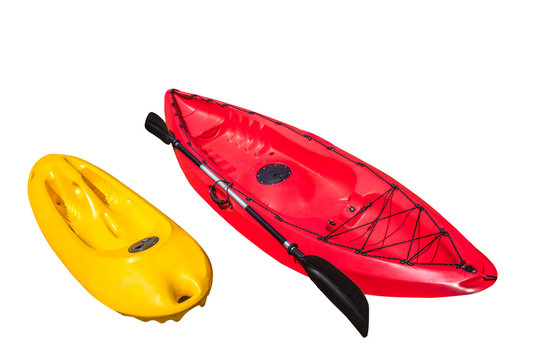 Red and yellow kayaks isolated on white background
