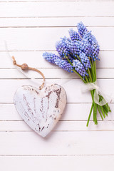 Bunch of blue muscaries flowers and decorative heart on white wooden planks.