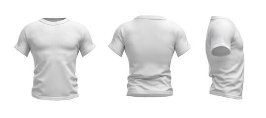 3d rendering of a white T-shirt shaped as a realistic male torso in front, side and back view.