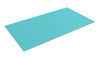 3d rendering of light blue rubber yoga mat for exercise isolated on white background