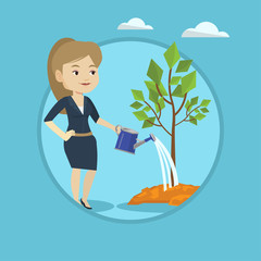 Woman watering tree vector illustration.