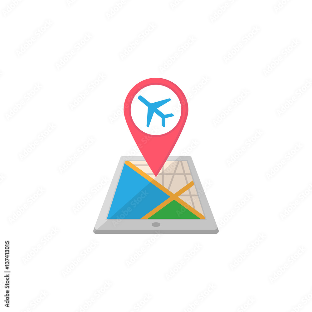 Poster airport map pointer flat icon, mobile gps navigation and location, pin on tablet vector graphics, a 