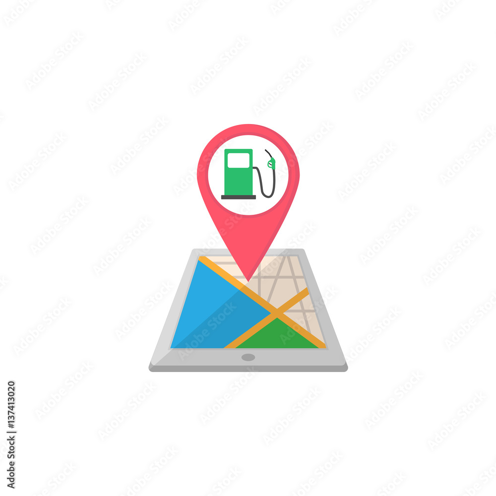 Poster gas station map pointer flat icon, mobile gps navigation and location, pin on tablet vector graphics