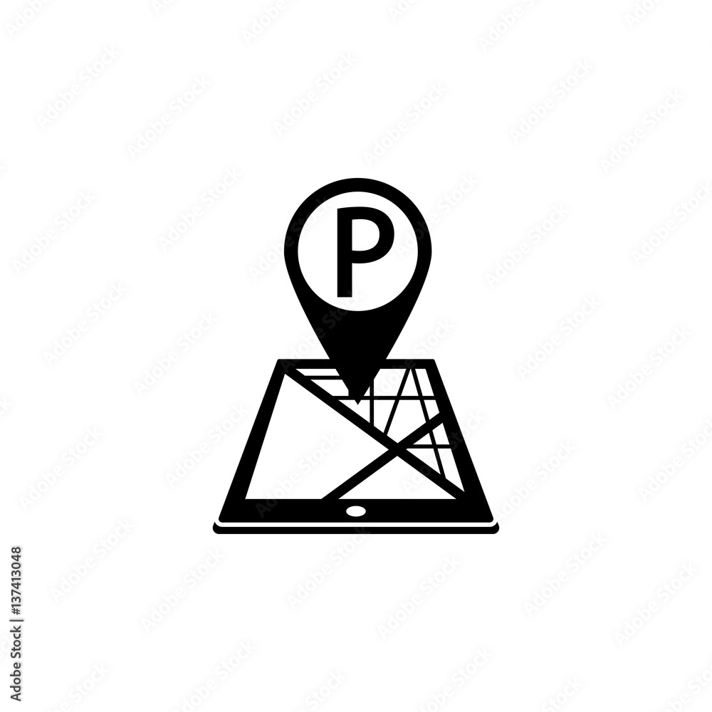 Poster parking map pointer solid icon, mobile gps navigation and location, pin on tablet vector graphics, a