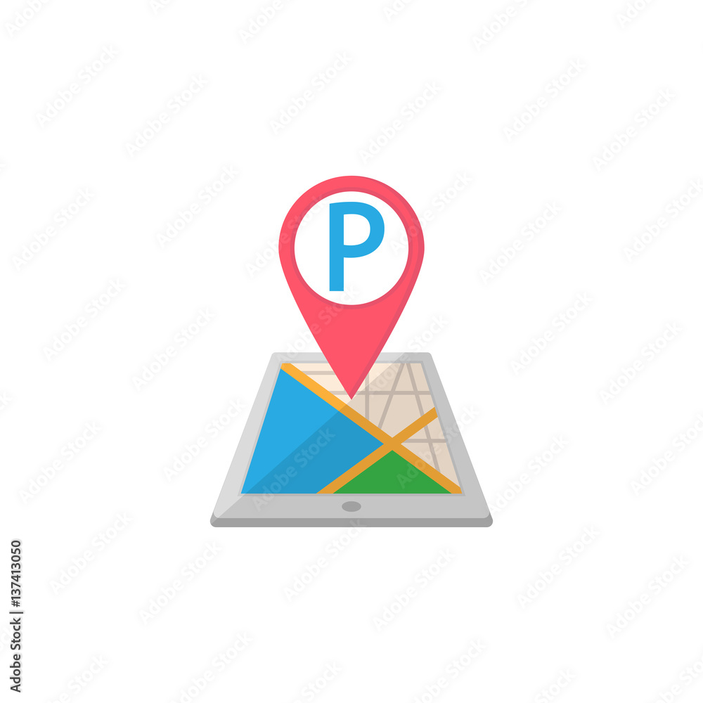 Poster parking map pointer flat icon, mobile gps navigation and location, pin on tablet vector graphics, a 