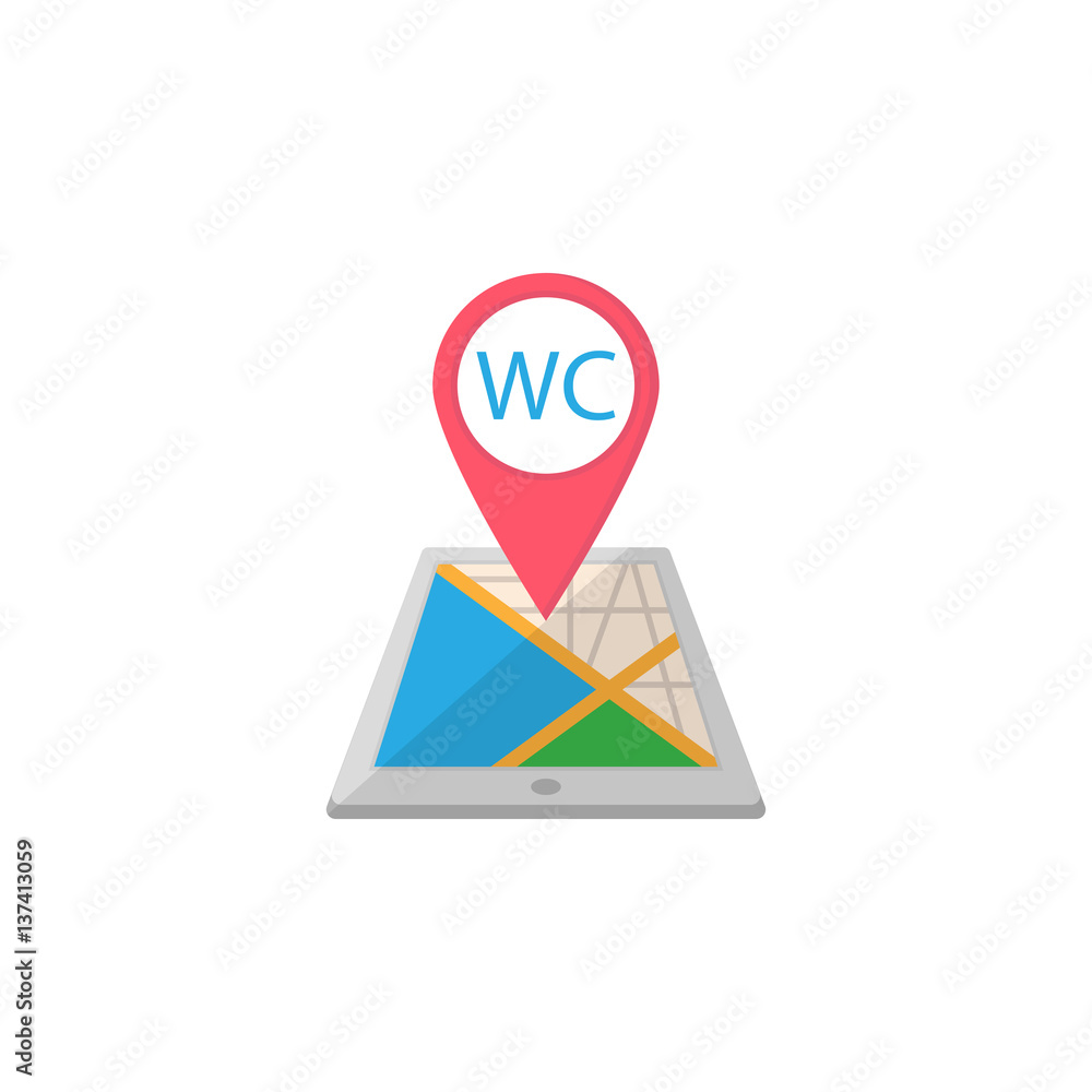 Poster wc toilet map pointer flat icon, mobile gps navigation and location, restroom pin on tablet vector g