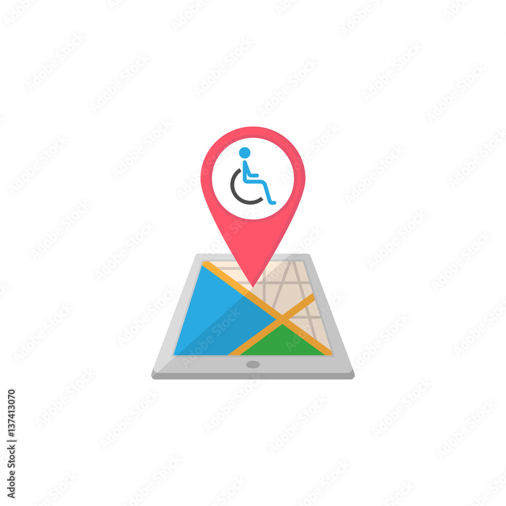 Poster invalid map pointer flat icon, mobile gps navigation and location, disability pin on tablet vector g