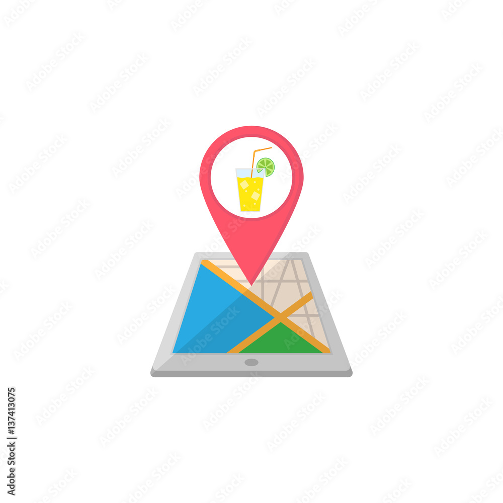 Poster night club map pointer flat icon, mobile gps navigation and location, bar pin on tablet vector graph