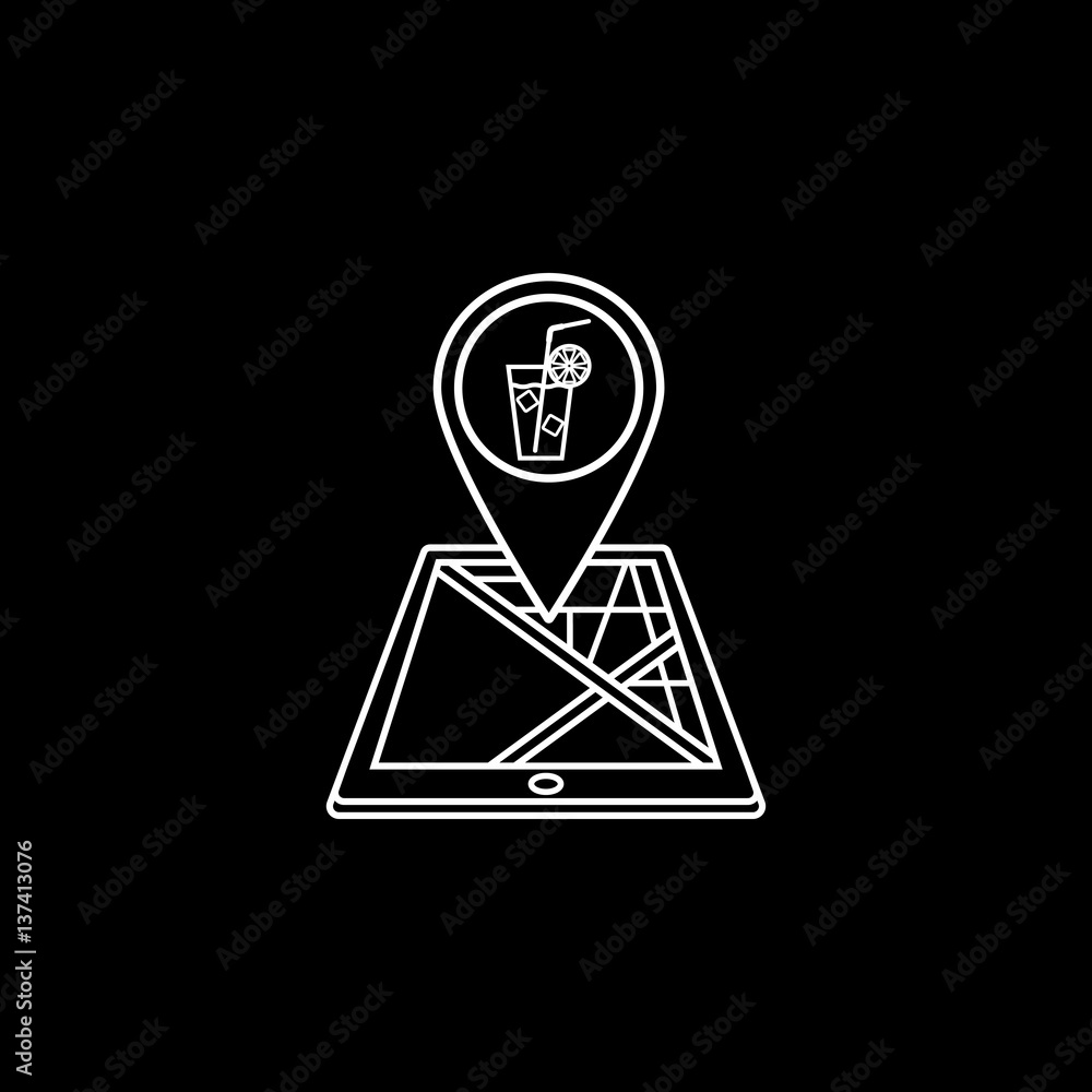 Poster night club map pointer line icon, mobile gps navigation and location, bar pin on tablet vector graph